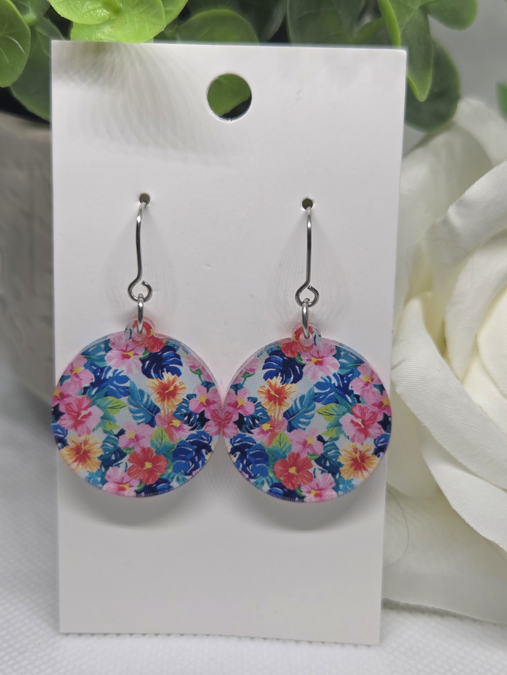 Floral Round Drop Earrings - Pink Multicolor